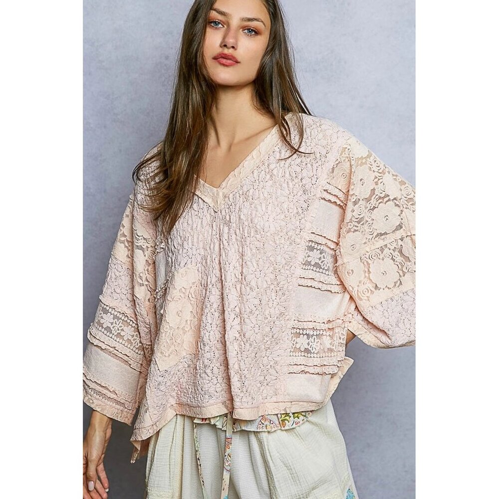 NWOT Boho Lace V-Neck Peasant Top in Blush